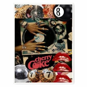 Arte de parede de colagem de cultura pop retrô com estampa de leopardo, pôsteres de bola de discoteca cereja com disco de vinil e unhas glamourosas na moda quarto sala de música bar lounge decoração (Discos de Vinil)