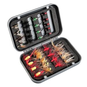Kit sortido de moscas de pesca com mosca, iscas de pesca molhadas secas amarradas à mão, ninfas, serpentinas, terrestres para peixe-sol de robalo, lúcio com caixa magnética para moscas (CDs)