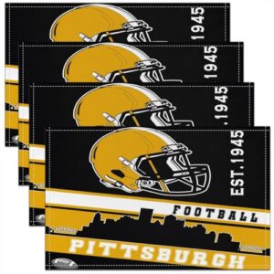 Erosebridal Jogo americano Football City, 4 peças, 30,5 x 45,7 cm, tapetes de mesa para jogos de rúgbi, amarelo, preto, para fãs de futebol americano, jogos americanos (Pittsburgh) (CDs)