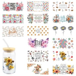 15 peças Faith Pray UV DTF Cup Wraps Rub on Transfer Adesivos God Makes His People Strong Sunflower Butterfly Daisy Coffee uvdtf Adesivos à prova d'água para copos de vidro de 473 ml, caneca de (Cervejas)