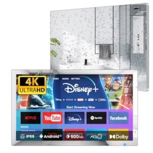 Haocrown Espelho de TV inteligente 4K Ultra HD de 32 polegadas, IP66 impermeável, sistema Android 13 com controle remoto de voz para sintonizador ATSC Google Assistant, 500 cd/㎡ alto brilho (moldura (CDs)