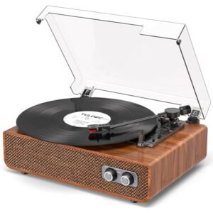 Gira-discos de vinil vintage de 3 velocidades Bluetooth com altifalantes melhorados, contrapeso ajustável, reprodutor de LP de vinil com som aprimorado, entrada auxiliar e saída RCA, madeira clara (Discos de Vinil)