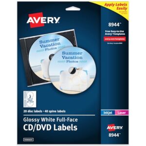 Avery Etiquetas de CD Full Face para impressoras a jato de tinta, branco brilhante, 20 etiquetas de disco e 40 etiquetas de coluna (8944) (CDs)