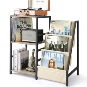 Bikoney Suporte para toca-discos, suporte de toca-discos com armazenamento de discos de vinil de 3 níveis, mesa de toca-discos de até 200 álbuns, mesa de canto para discos, armário de vinil para sala (Equipamentos)