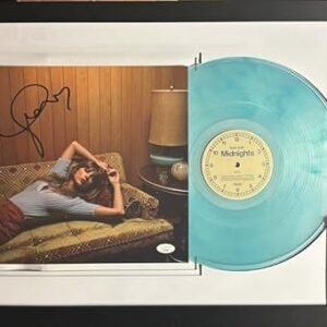 Inserção de disco de vinil autografado/autografado azul bebê Midnights com semi coração + vidro anti UV e emoldurado! - midnights by singer taylor swift (Discos de Vinil)