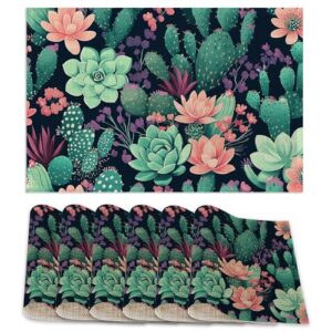 Jogo americano conjunto de 6, tapetes de mesa de flores de cacto, tapetes de mesa de linho laváveis com suculentas tropicais, antiderrapantes, resistentes ao calor, para festas, cozinhas, jantares (CDs)
