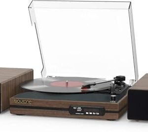 Boytone Toca-discos de vinil com dois alto-falantes estéreo de estante, toca-discos vintage com reprodução sem fio Bluetooth, correia de reprodução de 3 velocidades, suporte para saída RCA, parada (Equipamentos)