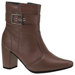 Bota Feminina com Zíper Bico Fino Lateral Cano Curto Salto com Acessório Fivela 205 (Café, BR, Adulto, Numérico, 35) (Café)