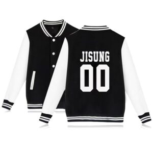 Kpop SKZ Jaqueta de beisebol universitária Bangchan Felix Hyunjin Jeongin Minho jaqueta bomber pulôver para mulheres, Jisung preto, G (CDs)