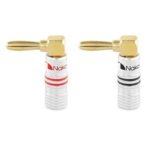 Nakamichi Série Excel Plugue Banana 90 Graus Ouro 24k 12-18 AWG 4mm para Caixa Som Amplificador Hi-Fi AV Home Theater Cabo Áudio Conector Parafuso, 2 Peças (1-Par) (Equipamentos)