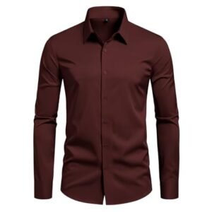 Lasjixion Camisa social masculina slim fit, sem rugas, formal, casamento, manga comprida, abotoada, Vinho tinto, G (Vinhos)