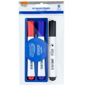 Kit Marcador Quadro Branco 3 Unidades com Apagador Magnético BRW (CDs)
