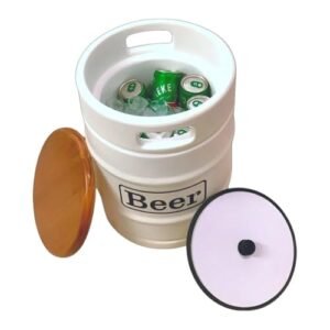 Banco Cooler Barril Decorativo, Branco, Polietileno e Madeira, 28L, Tampa Removível, Capacidade Térmica 8h, 41x30x30cm, para Bebidas e Área Gourmet (Cervejas)