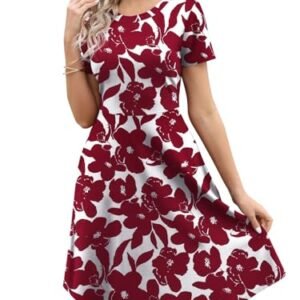 Vestidos femininos de verão elegantes estampa floral vintage escritório profissional negócios casual trabalho vestido evasê com bolsos DJ162, Branco vinho, P (Vinhos)