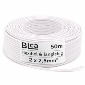 Cabo de alto-falante BLCA 50 m 2 x 2,5 mm² isolado CCA branco com marcação de polaridade LS cabo vendido por metro para sistemas estéreo, etc. (Equipamentos)
