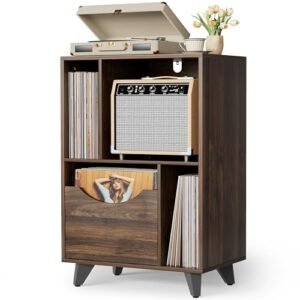 Bikoney Suporte para toca-discos com gaveta de armazenamento de vinil – mesa lateral de madeira para toca-discos e alto-falantes, grande armário de armazenamento LP para sala de estar, quarto ou (Equipamentos)