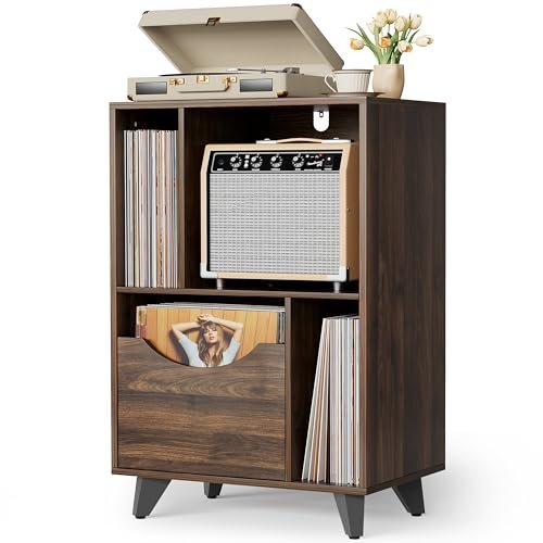 Bikoney Suporte para toca-discos com gaveta de armazenamento de vinil – mesa lateral de madeira para toca-discos e alto-falantes, grande armário de armazenamento LP para sala de estar, quarto ou (Equipamentos)