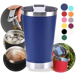 Copo Térmico de Aço Inox 500ml com Abridor e Tampa - Conserva a Temperatura de Bebidas como Chopp, Cerveja, Refrigerante e Café (Azul) (Cervejas)