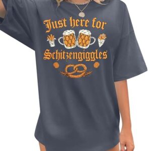Camiseta feminina Oktoberfest alemã grande camisetas divertidas de cerveja Just Here for Schitzengiggles Camiseta Festival de outubro, Cinza, M (Cervejas)