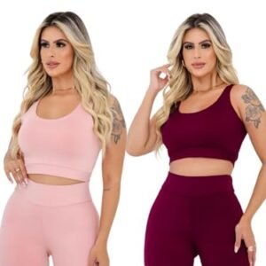 Kit 2 Conjuntos Fitness Short E Top Roupas Para Academia Outfit Gym Sports Treino Perfeito Tecido Premium Confortável Suplex - rosa e vinho - G (Vinhos)