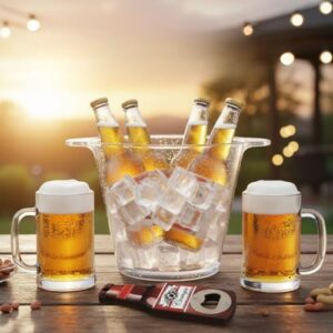 KIT FESTEIRO | 1 Balde de Gelo 4l + 2 Canecas Chopp 500ml Acrílico + 1 Abridor de Cerveja Magnético | Para Churrasco, Festa, Bar, Presente Criativo (Cervejas)