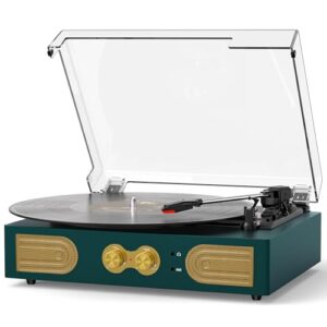 Toca-discos de vinil com controle de graves e agudos, toca-discos vintage de 3 velocidades com alto-falantes embutidos, leitor de LP com acionamento por correia com conector de fone de ouvido, saídas (Discos de Vinil)