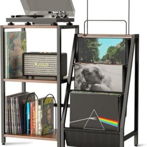 Qlearsoul Suporte de disco de vinil, mesa de toca-discos de 3 camadas com armazenamento esquerdo e direito para sala de estar e quarto (Equipamentos)