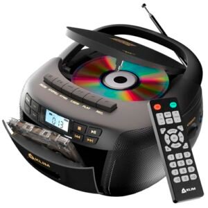 KLIM Leitor de CD e fita cassete, Bluetooth Boombox, rádio AM/FM, som estéreo, controle remoto, combo de CD e cassete, gravação em fita, unidade USB, AUX, alimentação AC/DC - preto/dourado (CDs)