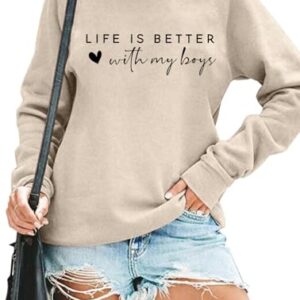 RMTXCD Moletom feminino Life is Better with My Boys com estampa de letras, estampa de letras, pulôver Mom Life, casual, gola redonda, Damasco, GG (CDs)
