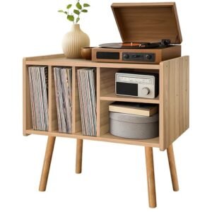 Suporte para toca-discos com armazenamento de vinil, mesa de madeira com 5 armários, suporte grande para toca-discos de vinil, suporte para toca-discos, prateleira para escritório, sala de estar (Equipamentos)
