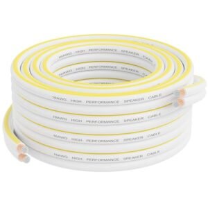 Mygatti Fio de alto-falante de 16 AWG, fio de alto-falante de áudio calibre 16/2, para alto-falantes estéreo, home theater, fio automotivo, jaqueta branca com marcador de polaridade amarelo, CCA, fio (Equipamentos)