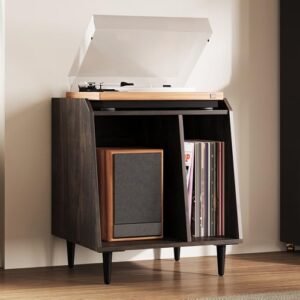 Rresyet Suporte para toca-discos com armazenamento de vinil, suporte para discos de vinil com prateleiras divididas ajustáveis, pernas de metal para sala de música e sala de estar (Equipamentos)