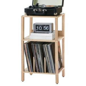 LELELINKY Suporte para toca-discos, mesa de canto de 3 camadas com armazenamento de vinil de até 100 álbuns, suporte de vinil para discos, prateleira de exibição multifuncional natural para sala de (Equipamentos)