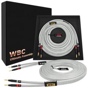 WORLDS BEST CABLES Cabo de alto-falante audiófilo HiFi premium 8 AWG - OFC ultra puro de 3 pés - Par com plugues banana dourados Eminence e jaqueta de tweed prata (Equipamentos)