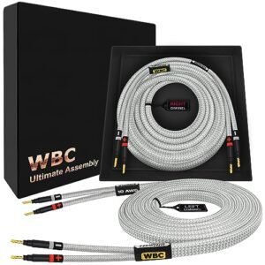 WORLDS BEST CABLES Cabo de alto-falante audiófilo HiFi premium 10 AWG - OFC ultra puro - Par de cabos de áudio HiFi Eminence Gold Banana e revestimento de tweed prateado (Equipamentos)