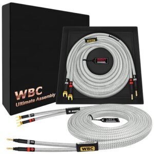 WORLDS BEST CABLES Cabo de alto-falante audiófilo HiFi premium de 3,5 m - 8 AWG - Ultra-Pure OFC - Par com plugues Eminence Gold Banana (x2) e Spade (x2) e jaqueta de tweed prata (Equipamentos)