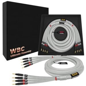 WORLDS BEST CABLES 12 pés Ultimate - 9 AWG - Ultra-Pure OFC - Cabo de alto-falante audiófilo HiFi Bi-Amp extra premium par com plugues banana dourado Eminence e jaqueta de tweed prata (Equipamentos)