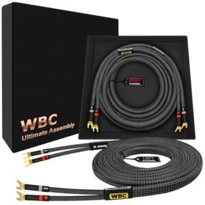 WORLDS BEST CABLES Cabo de alto-falante audiófilo HiFi premium de 1,8 m - 8 AWG - OFC ultra puro - par com plugues Eminence Spade e jaqueta de tweed de carbono (Equipamentos)
