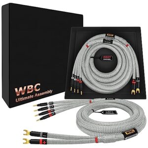 WORLDS BEST CABLES Cabo de alto-falante bi-wire de 9 AWG - OFC ultra puro - 9 AWG - Par de cabos audiófilos HiFi premium com plugues Eminence Gold Spade (x2) e banana (x4) e jaqueta de tweed prata (Equipamentos)