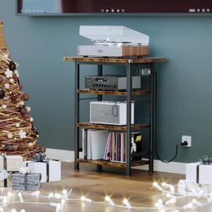 Homeiju Suporte de mídia AV de 4 níveis com tomada elétrica, suporte para toca-discos de madeira, centro de entretenimento com prateleiras de armazenamento, suporte estéreo de DVD para quarto, sala de (Equipamentos)
