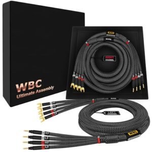 WORLDS BEST CABLES 8 pés Ultimate - 12 AWG - Ultra-Pure OFC - Cabo de alto-falante audiófilo HiFi Bi-Amp premium par com plugues Eminence Gold Banana (x4) e Spade (x4) e revestimento de tweed de (Equipamentos)