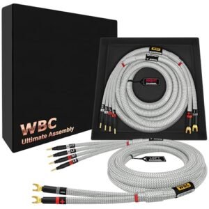 WORLDS BEST CABLES Ultimate de 1,8 m - 7 AWG - Ultra-Pure OFC - Cabo de alto-falante audiófilo HiFi HiFi extra premium par com plugues Eminence Gold Spade (x2) e banana (x4) e jaqueta de tweed prata (Equipamentos)