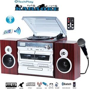 TechPlay Karaokê ativado, 30W RMS, toca-discos clássico retrô, NFC Bluetooth, tocador/gravador de cassetes duplas, leitor de CD MP3, portas SD USB, despertador digital AM/FM e controle remoto completo (Equipamentos)