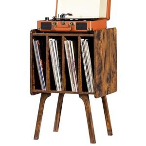 LELELINKY Suporte para toca-discos, mesa de armazenamento de discos de vinil com 4 armários de até 100 álbuns, suporte rústico marrom de meados do século com pernas de madeira, prateleira de exibição (Equipamentos)