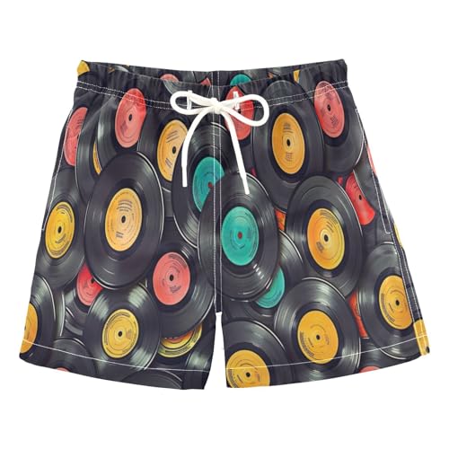 Calção de banho para meninos com forro boxer, roupa de banho de secagem rápida para crianças e crianças, shorts de praia com discos de vinil (8), Discos de vinil, 7-8 Years (Discos de Vinil)