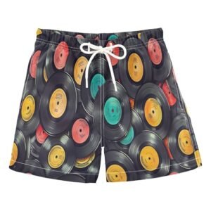 Calção de banho para meninos com forro boxer, roupa de banho de secagem rápida para crianças e crianças, shorts de praia com discos de vinil (8), Discos de vinil, 6-7 Years (Discos de Vinil)
