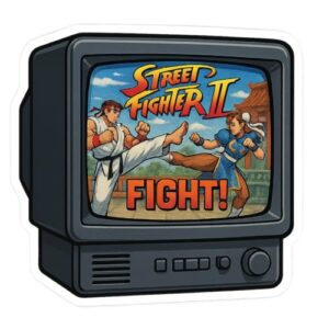 Adesivo retrô Arcade CRT TV Street Fighter II Ryu vs Chun-Li Realism (7,6 cm x 7,6 cm) (Discos de Vinil)
