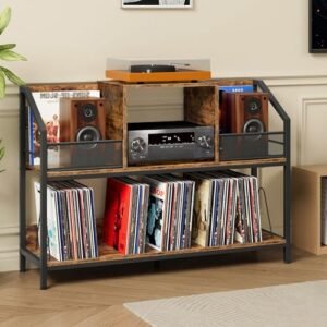 CHOEZON Suporte de armazenamento de discos de vinil de 109 cm, mesa grande para toca-discos, comporta até 400 álbuns, suporte de exibição de reprodutor de vinil, divisórias removíveis, para CD (Equipamentos)
