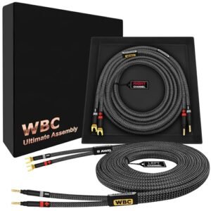 WORLDS BEST CABLES 12 pés Ultimate - 8 AWG - Ultra-Pure OFC - Cabo de alto-falante audiófilo HiFi Premium, par com plugues Eminence Gold Banana (x2) e Spade (x2) e jaqueta de tweed de carbono (Equipamentos)
