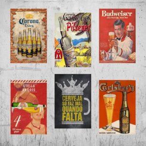 6 Placas Decorativas Temática Cerveja – Kit Retrô MDF 3mm 20x30cm para Bar e Cozinha (Cervejas)